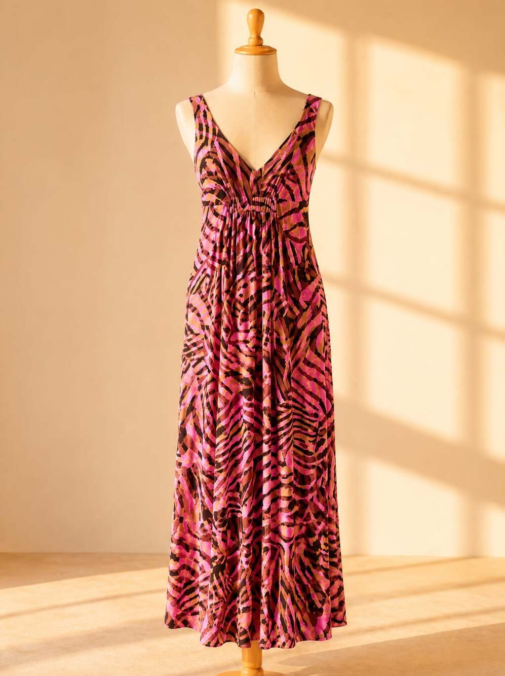 CAbi Pink and Black Abstract Animal Print Sleeveless V-Neck Maxi Dress Style 109